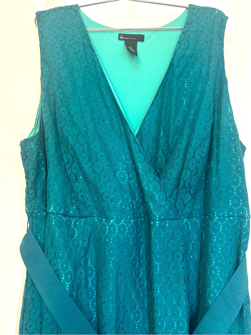 Lane Bryant Green Lace Wrap Dress with Self-Tie Belt - Picture 2 of 7